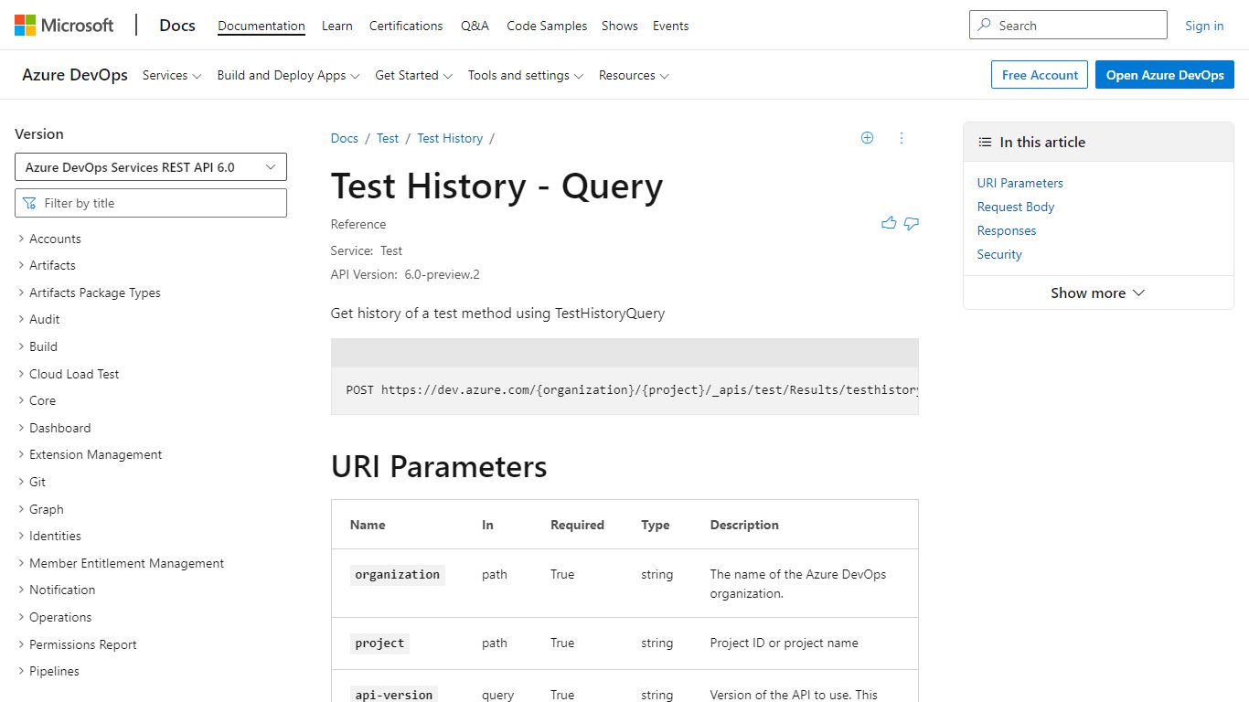 Test History - Query - REST API (Azure DevOps Test) | Microsoft Docs